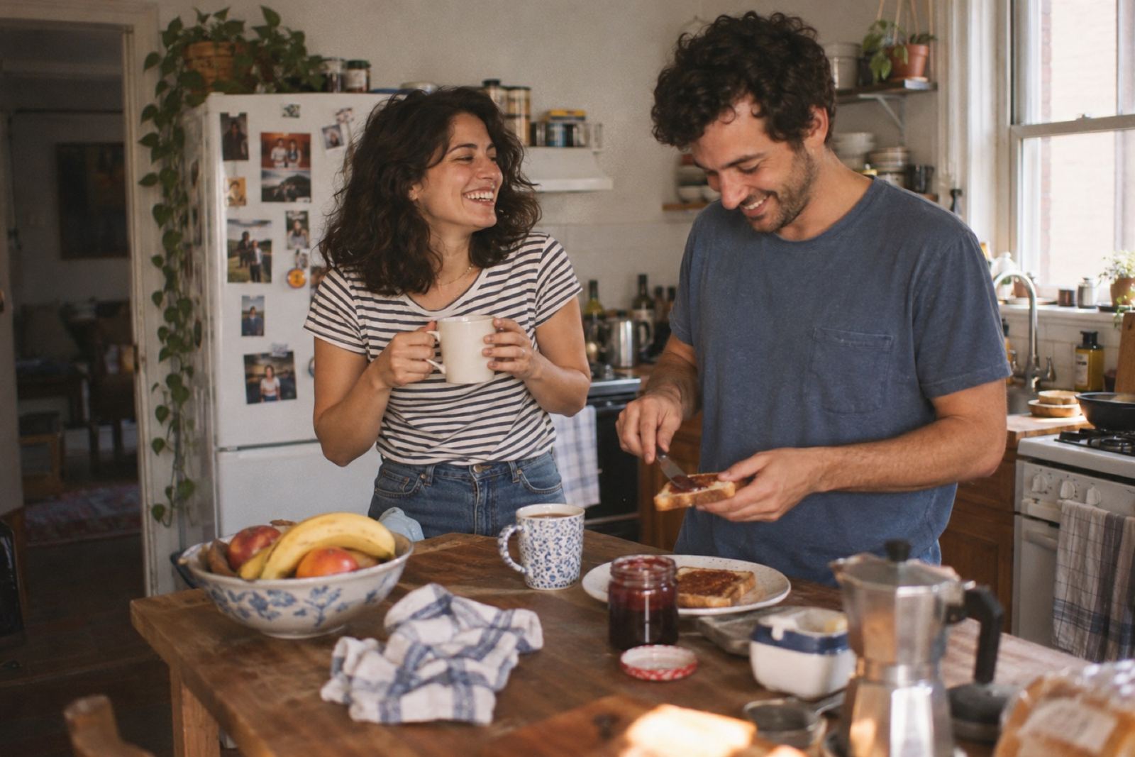 Josefina y Tomás riendo mientras toman desayuno en su cocina