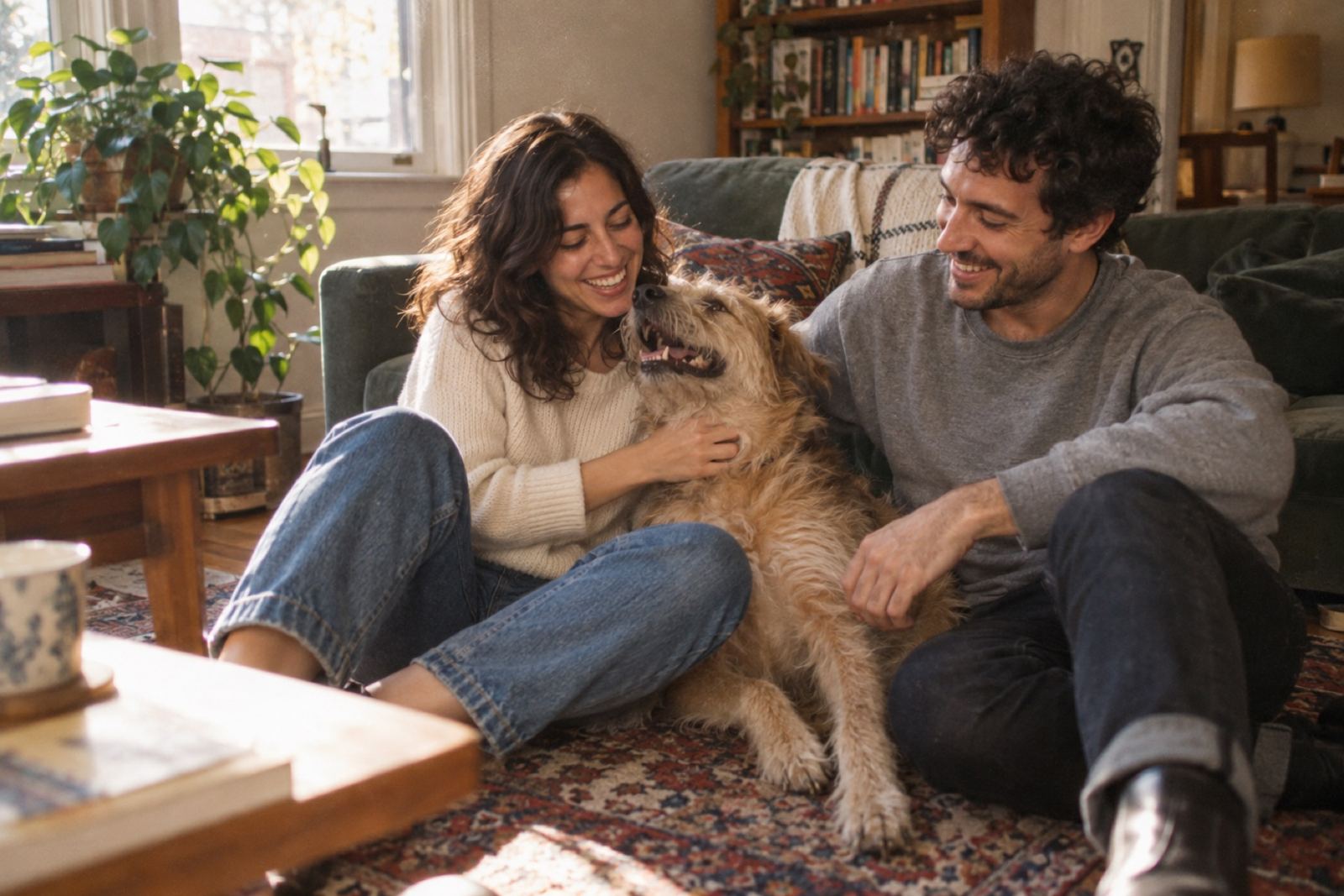 Josefina y Tomás en el living con su perro Pancho
