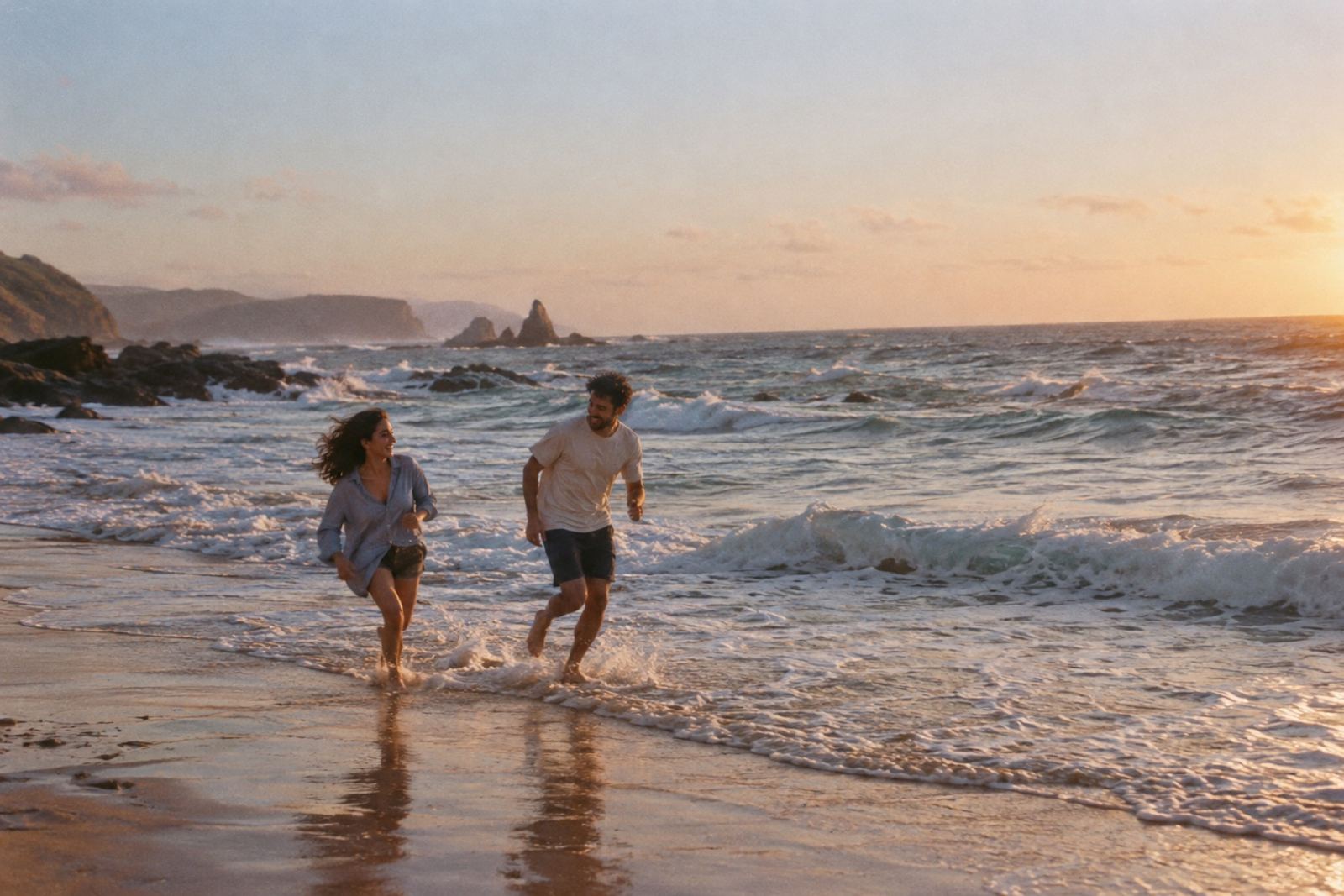 Josefina y Tomás en la playa al atardecer
